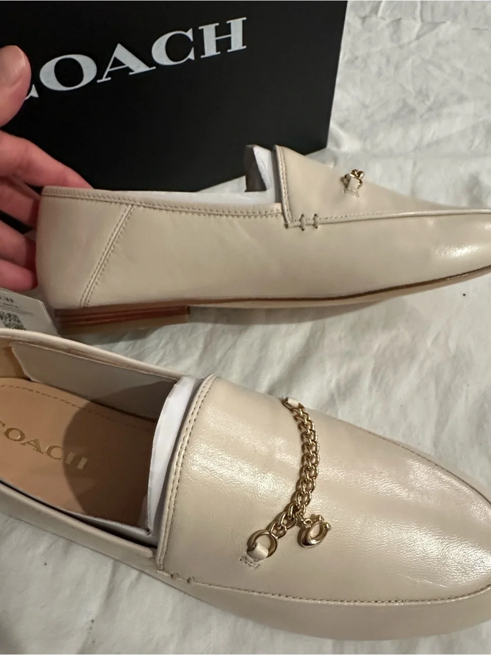 Coach Women's Cream Leather Chain-Trim Loafers